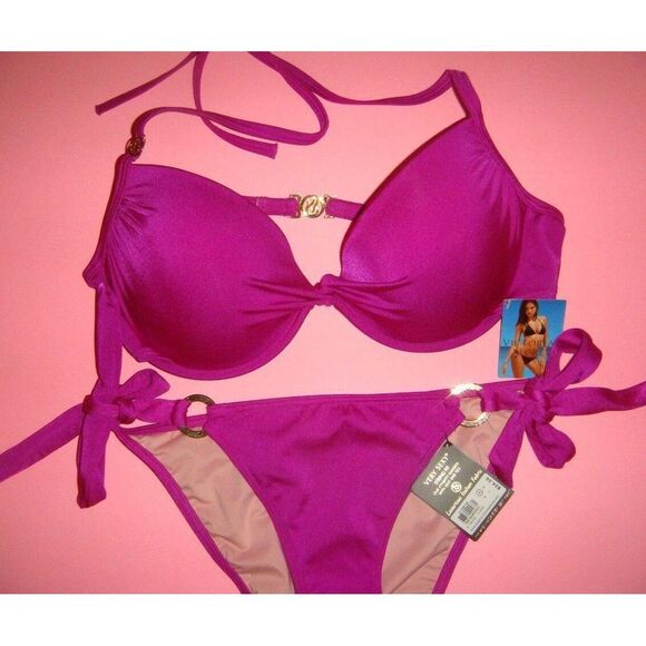 NWT Victoria's Secret 34C BIKINI XS bottom Magenta Fuchsia PINK purple striped - Picture 2 of 4